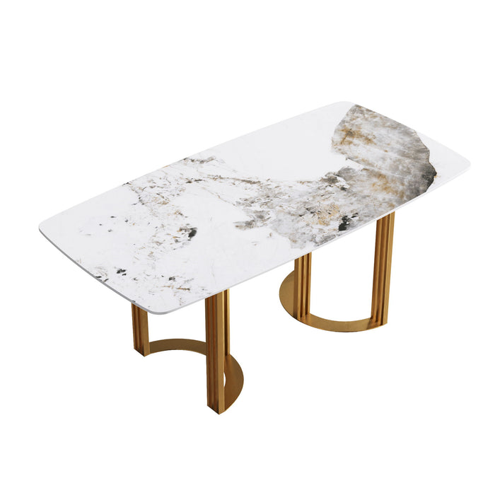 70.87" Modern Artificial Stone Pandora White Curved Golden Metal Leg Dining Table, Can Accommodate 6-8 People - Antique White / Gold