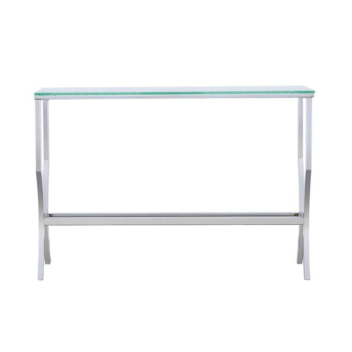 Living Room: Glass Top Occasional Tables - Rectangular Sofa Table With Mirrored Shelf Chrome