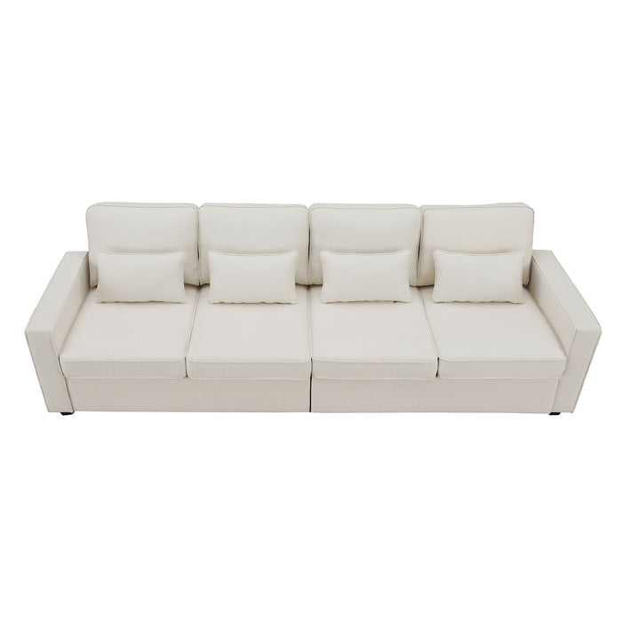 4 Seater Modern Linen Sofa With Armrest Pockets And 4 Pillows, Minimalist Style Couch For Living Room