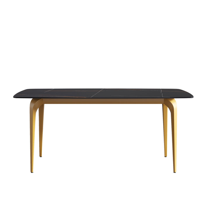 70.87" Modern Artificial Stone Black Curved Golden Metal Leg Dining Table, Can Accommodate 6-8 People - Black / Gold