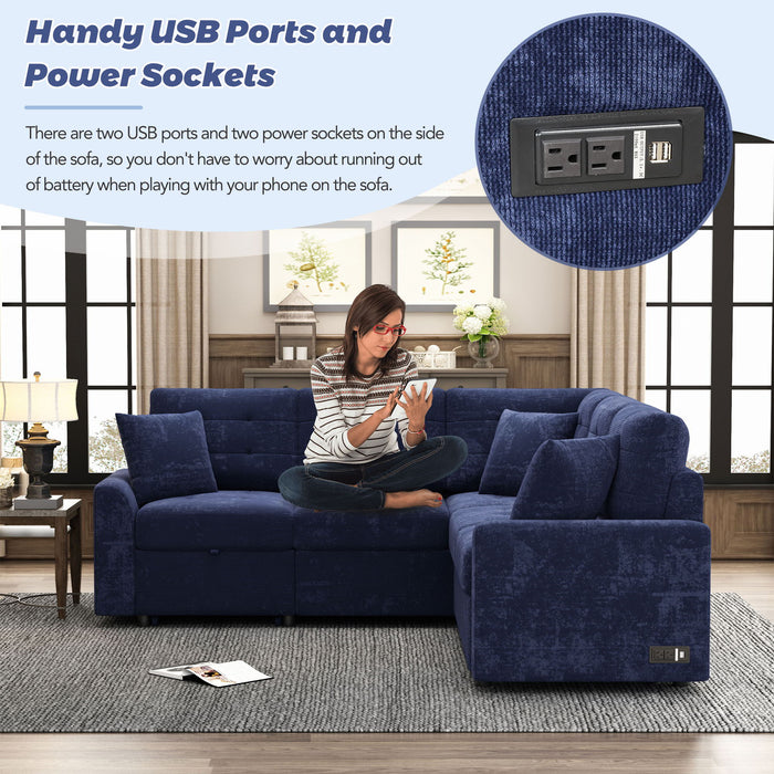 L-Shape Sofa Bed Pull-Out Sleeper Sofa With Wheels, USB Ports, Power Sockets For Living Room