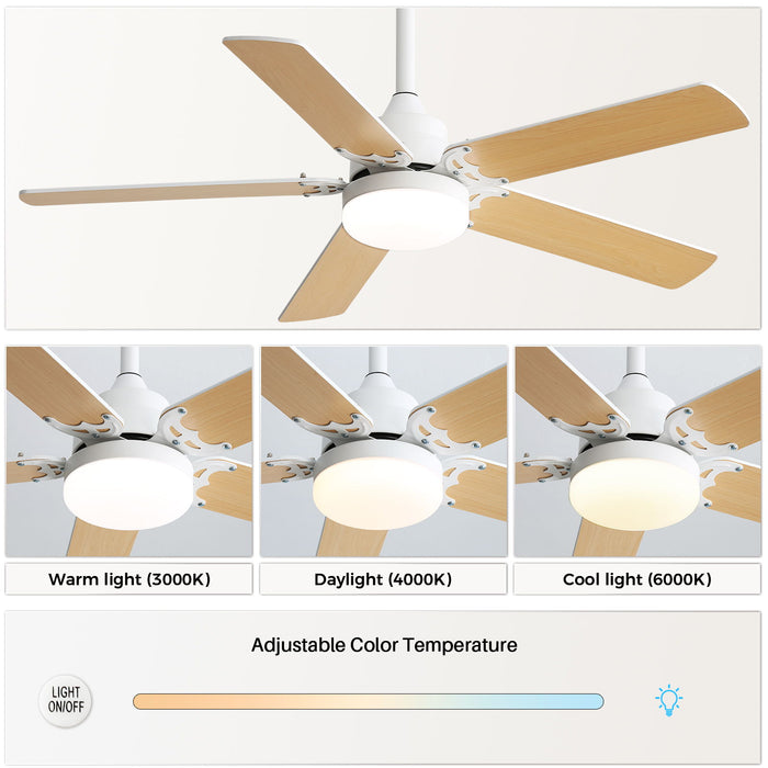 Modern Ceiling Fan With 3 Color Dimmable Light 5 Blades Remote Control Reversible Dc Motor - White