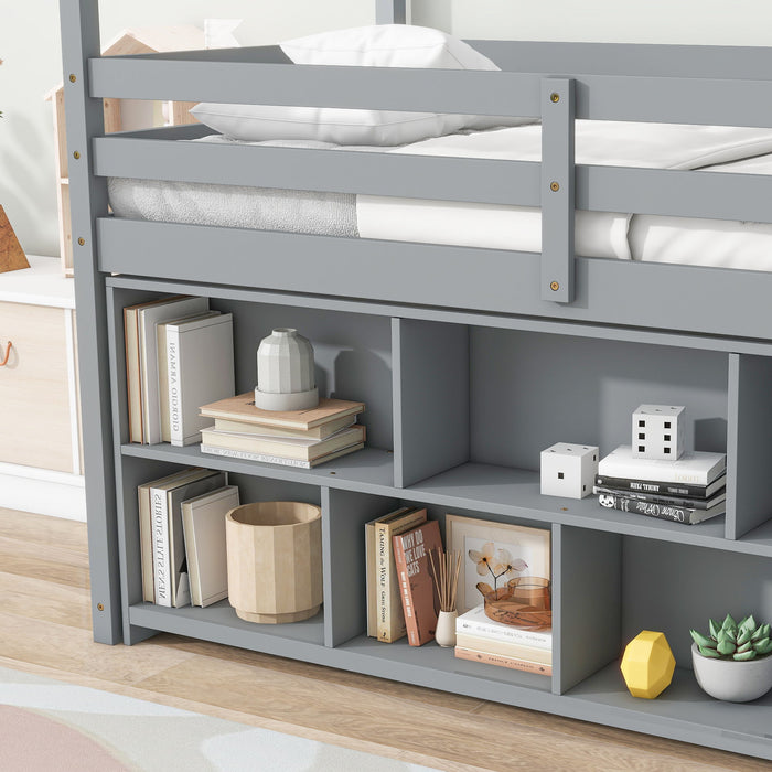 House Loft Bed With Roof Frame, Under Bed Shelving Storage Unit, Guardrails, Ladder