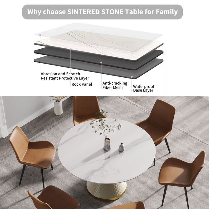 Modern Artificial Stone Round Carbon Steel Base Dining Table, Can Accommodate 6 People