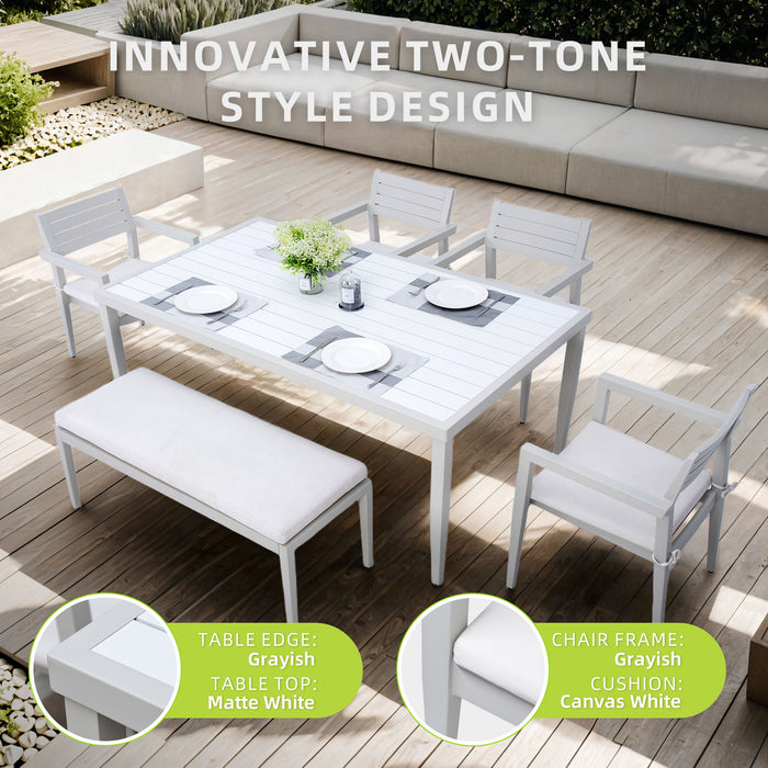 6 Piece Dining Set Modern Outdoor Patio Furniture, Including 4 Dining Chairs & 1 Dining Bench Sunbrella Fabric Cushioned And Two-Tone Rectangle Table With Umbrella Hole - Matte White / Grayish