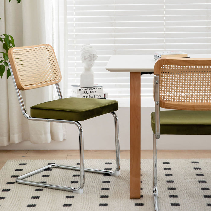 Dining Chairs (Set of 2), Velvet Rattan Side Accent Chairs With Chrome Legs, Modern Mid-Century Breuer Designed Chairs, Upholstered Dining Living Room Kitchen Chairs