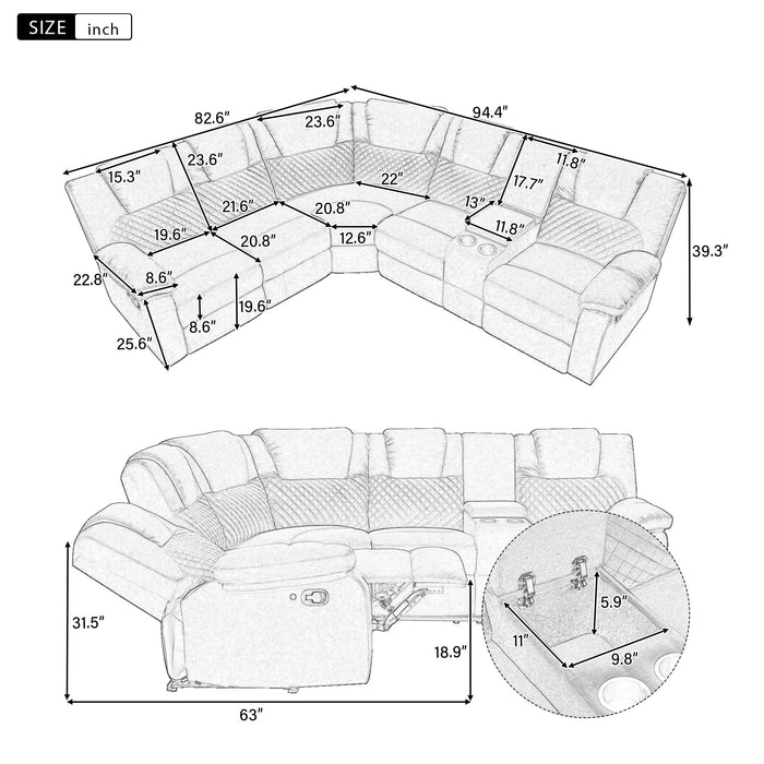 Home Theater Seating Modern Manual Recliner Sofa Chairs With Storage Box And Two Cup Holders For Living Room - Black Gray