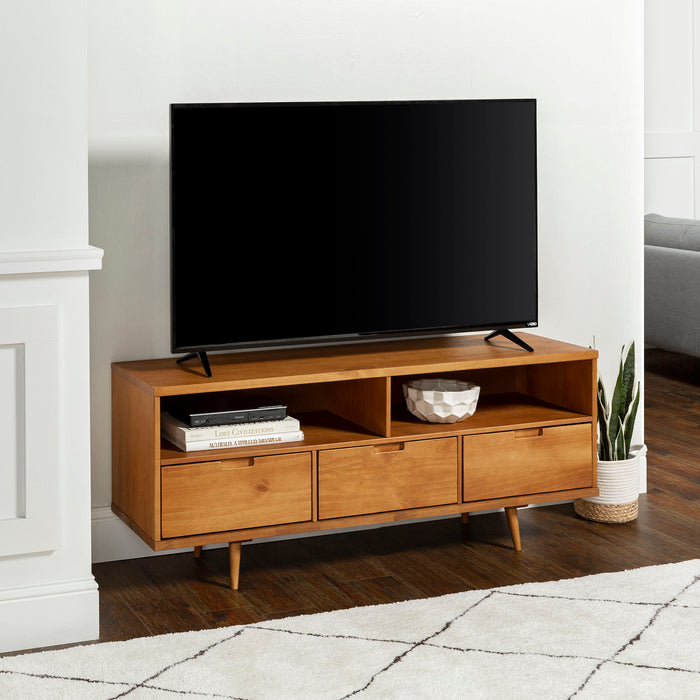 Mid-Century Modern Solid Wood 3 Drawer 58" TV Stand For 65" TVs With 2 Open Cubbies - Caramel