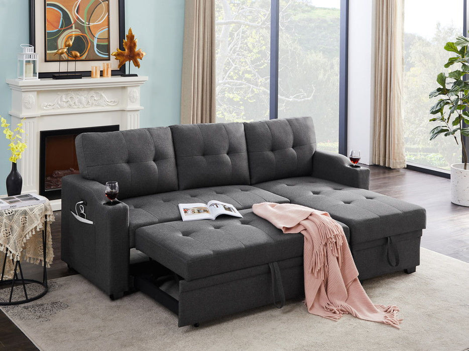 Mabel - Linen Fabric Sleeper Sectional With Cupholder, USB Charging Port And Pocket