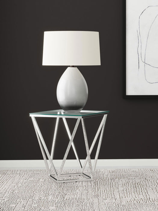 Brittania - Square Glass Top Geometric End Table - Nickel