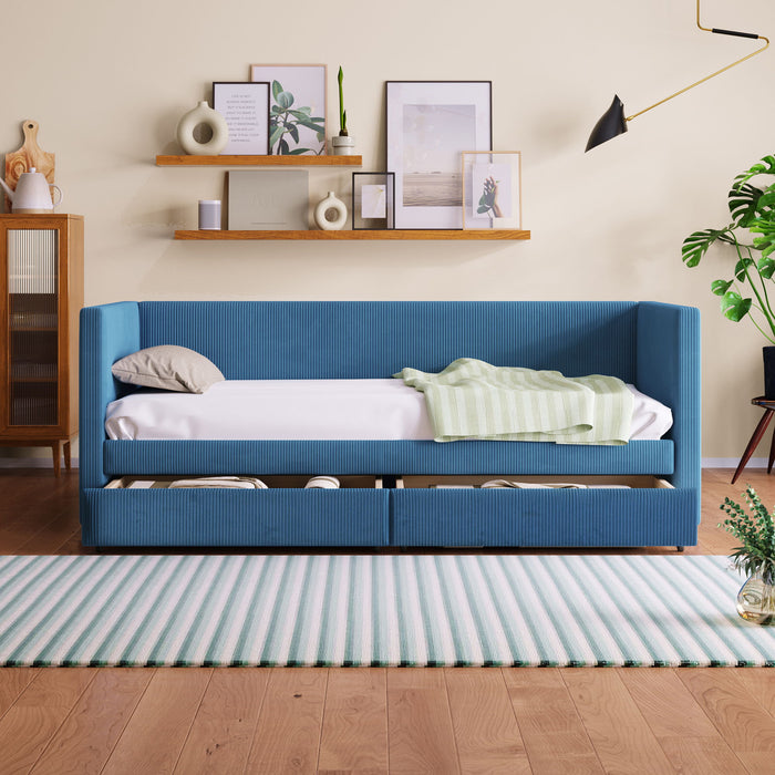 Twin Size Corduroy Daybed With Two Drawers And Wood Slat