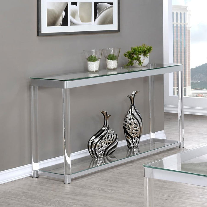 Living Room: Glass Top Occasional Tables - Claude Sofa Table With Lower Shelf Chrome And Clear