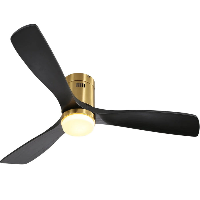 Flush Mount Ceiling Fan With 3 Solid Wood Blades Remote Control Reversible DC Motor For Living Room - Gold