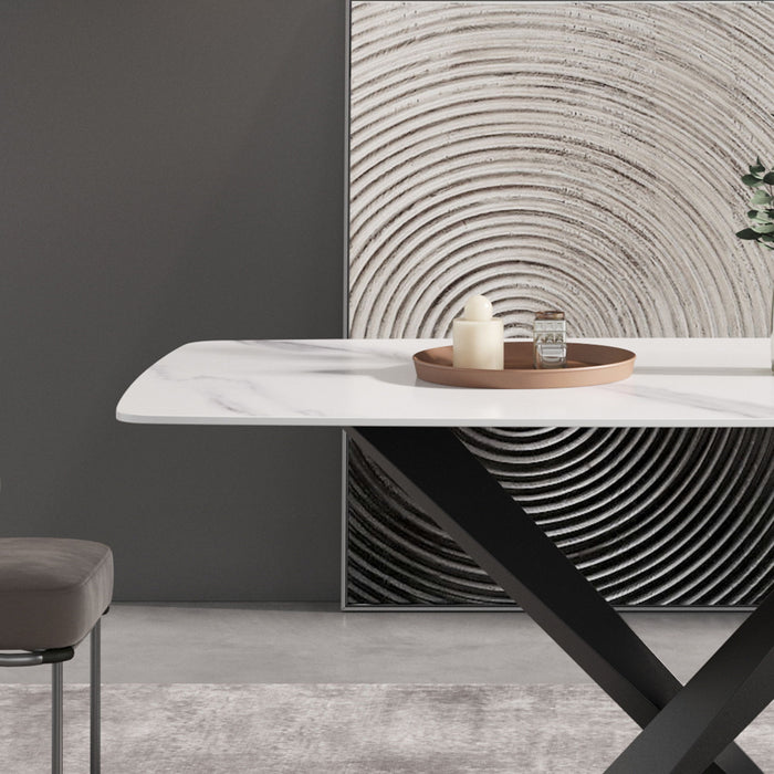 70.87" Modern Artificial Stone White Curved Black Metal Leg Dining Table, Can Accommodate 6-8 People - White / Black