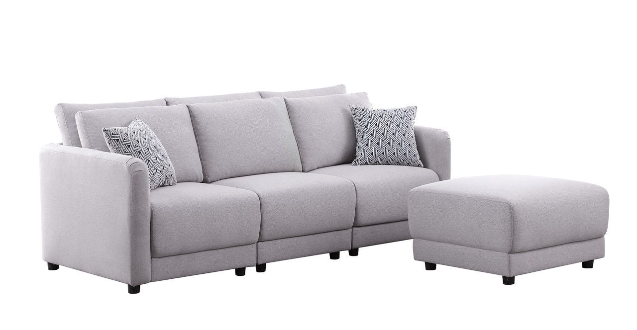 Penelope - Fabric Sofa With Ottoman And Pillows (Set of 2) - Light Gray Linen