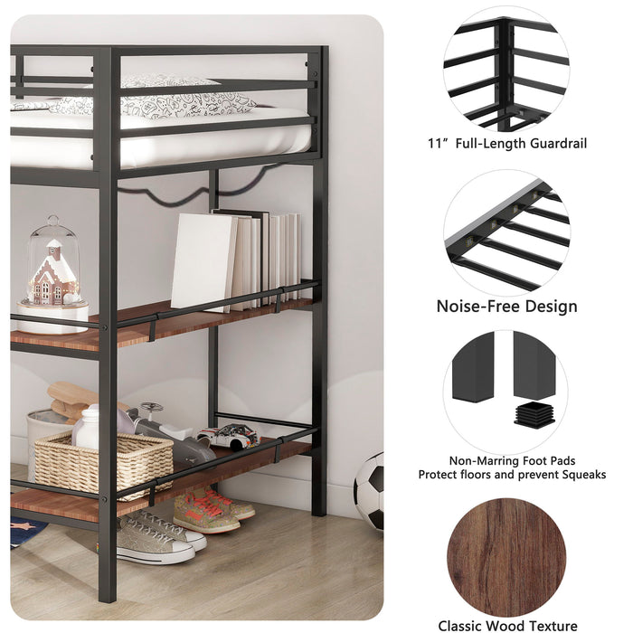 Adam - Junior Twin Loft Bunk Bed - Black With Cinnamon Wood Shelf