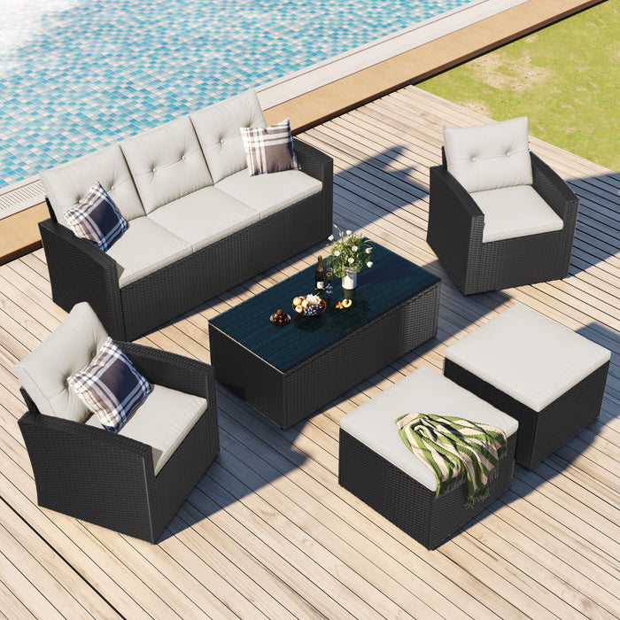 All-Weather Wicker PE Rattan Patio Outdoor Dining Conversation Sectional Set With Coffee Table, Wicker Sofas, Ottomans, Removable Cushions