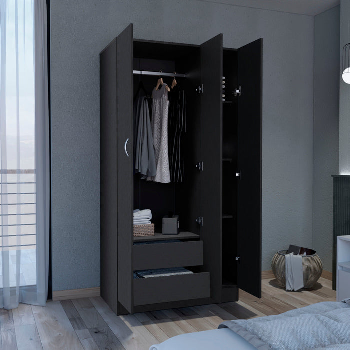 Wardrobe Armoire With 3 Doors And 2 Inner Drawers, 3 Doors - Black