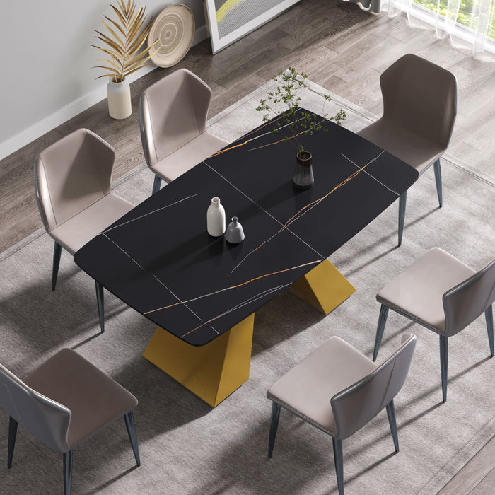 63" Artificial Stone Black Curved Golden Metal Leg Dining Table, 6 People - Black / Gold