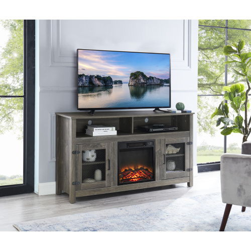 Modern Farmhouse TV Stand With Electric Fireplace, Fit Up To Flat Screen TV With Storage Cabinet And Adjustable Shelves Industrial Entertainment Center For Living Room - Gray