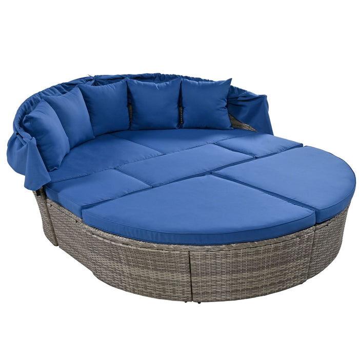 Outdoor Rattan Daybed Sunbed With Retractable Canopy Wicker Furniture, Round Outdoor Sectional Sofa Set - Black Wicker Furniture Clamshell Seating With Washable Cushions, Backyard, Porch