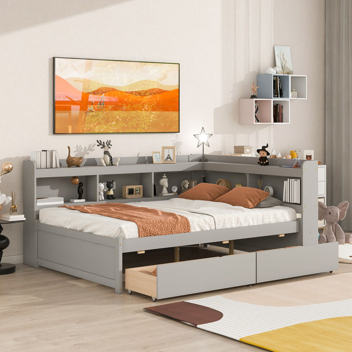 Full Bed With L-Shaped Bookcases, Drawers - Gray