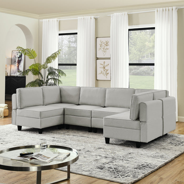 Linen Modular Sectional Sofa, U Shaped Couch With Adjustable Armrests And Backrests, 6 Seat Reversible Sofa Bed With Storage Seats For Living Room - Gray White