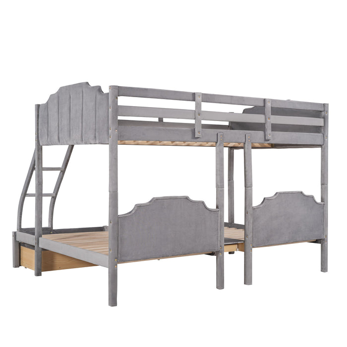 Full Over Twin & Twin Bunk Bed, Velvet Triple Bunk Bed With Drawers And Guardrails - Gray