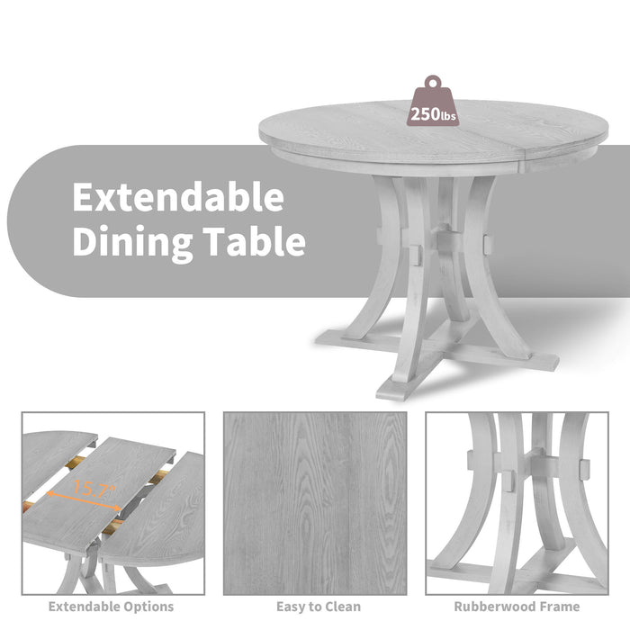 Topmax - 5 Piece Rustic Round Pedestal Extendable Dining Table Set With 15.7" Removable Leaf And Simple Dining Chirs For Small Places