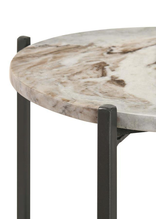 Noemie - Round Accent Table With Marble Top - White And Gunmetal