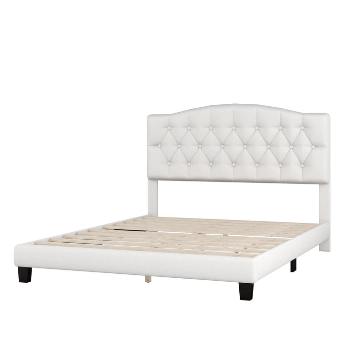 Queen Upholstered Platform Bed With Saddle Curved Headboard And Diamond Tufted Details - Beige