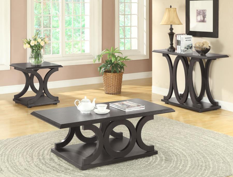 Living Room: Wood Top Occasional Tables - C-shaped Base Sofa Table Cappuccino