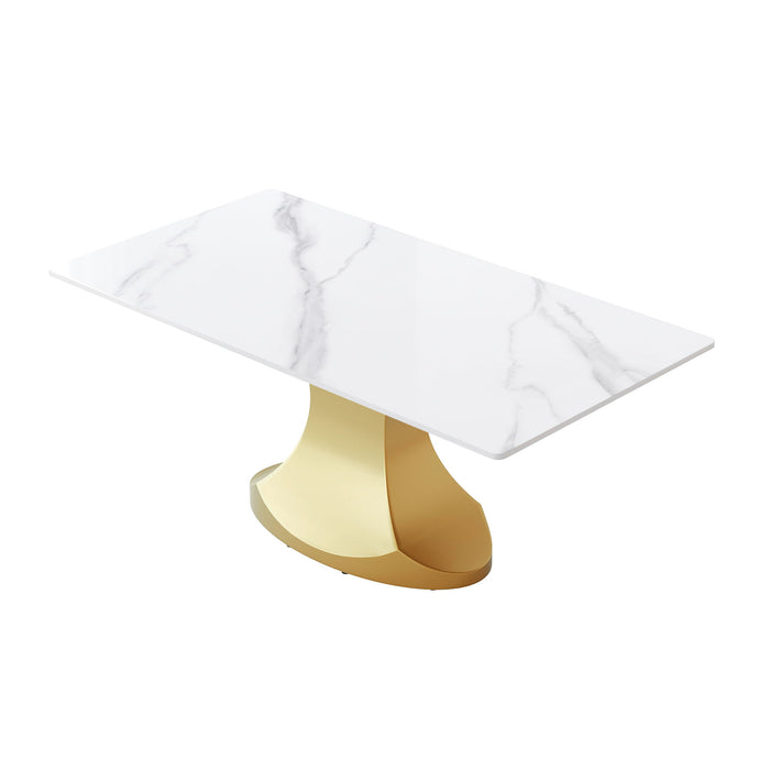 70.84" Modern Artificial Stone Panel Golden Stainless Steel Curved Legs, Can Accommodate 6-8 People - White / Gold