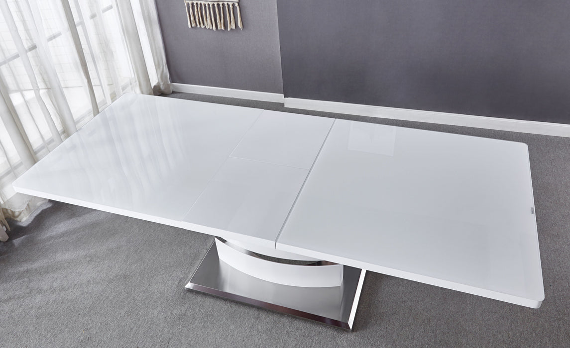 Expandable Glass Top Table With Butterfly Leaf, MDF Base With Stainless Steel - White