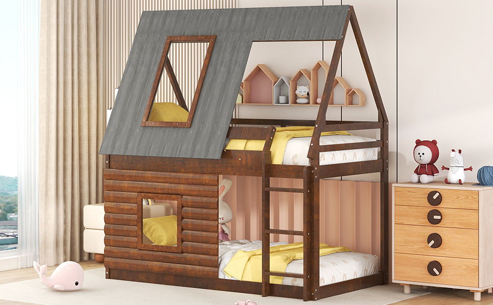 Wood Twin Size House Bunk Bed With Roof, Ladder And 2 Windows - Oak & Smoky Gray