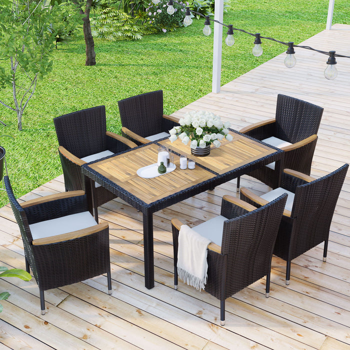 Outdoor Patio Dining Set, Garden PE Rattan Wicker Dining Table And Chairs Set, Acacia Wood Tabletop, Stackable Armrest Chairs With Cushions