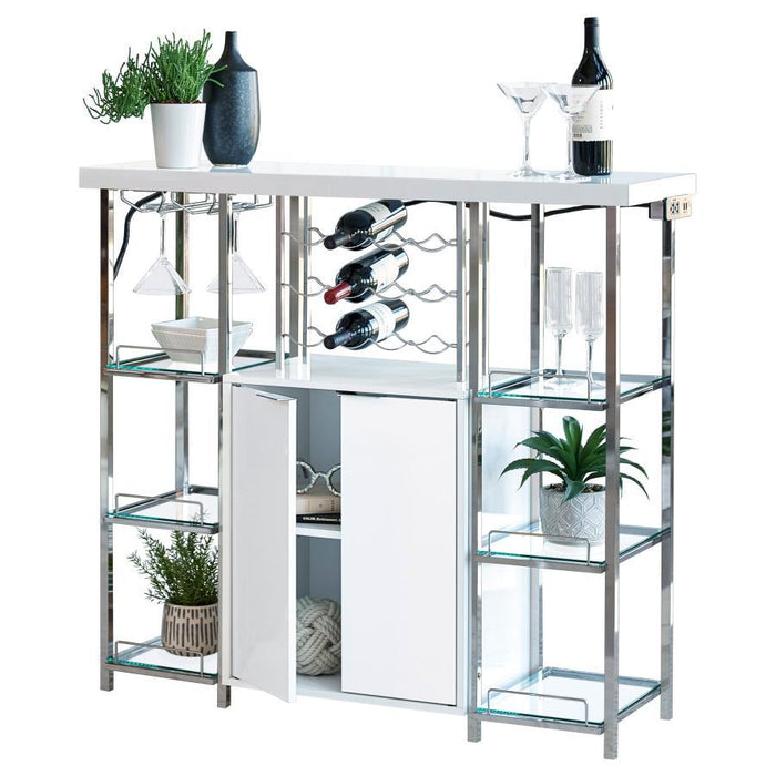 2-door Bar Cabinet With Glass Shelf High Glossy White And Chrome