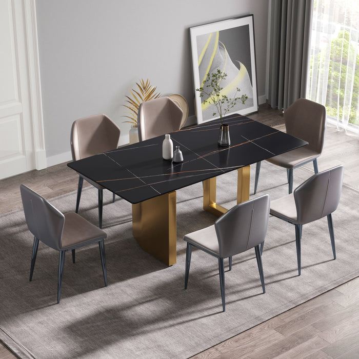 70.87" Modern Artificial Stone Black Straight Edge Golden Metal Leg Dining Table, Can Accommodate 6-8 People - Black / Gold