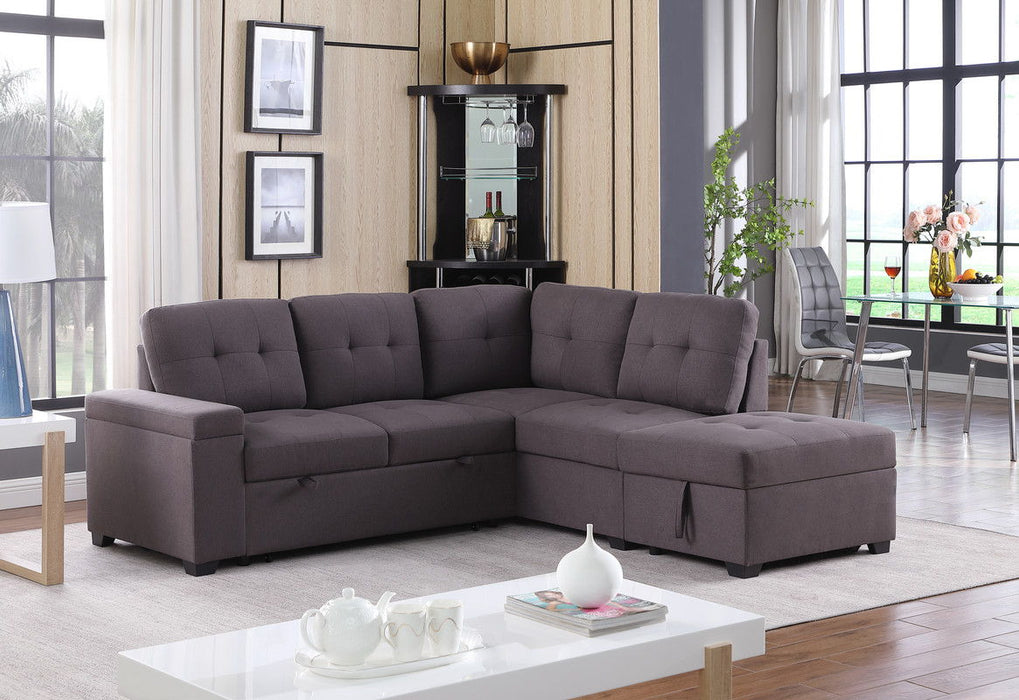 Katie - Linen Sleeper Sectional Sofa With Storage Ottoman, Storage Arm - Brown