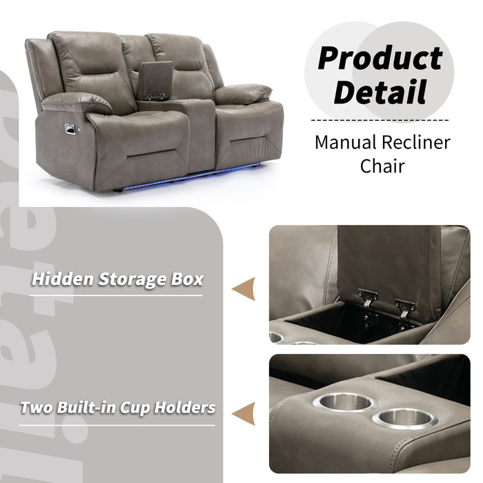 2 Seater Home Theater Recliner Manual Recliner Chair With A Led Light Strip Two Cup Holders And A Storage Box For Living Room