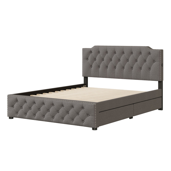 Upholstered Platform Bed With 2 Drawers And 2 Sets Of USB Ports On Each Side, Linen Fabric