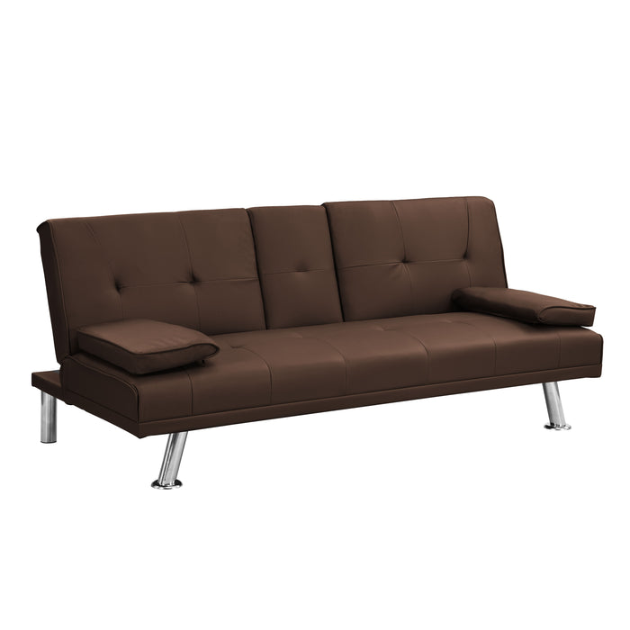 Futon Sofa Bed With Armrest Two Holders Wood Frame, Stainless Leg - Brown