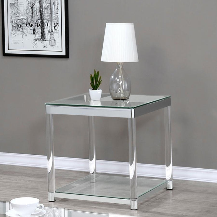 Living Room: Glass Top Occasional Tables - Claude End Table With Lower Shelf Chrome And Clear