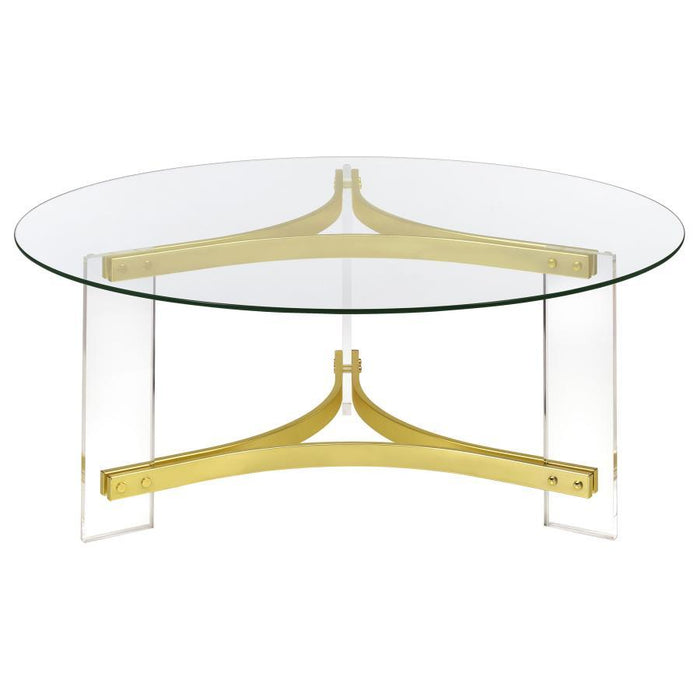 Janessa - Round Glass Top Coffee Table With Acrylic Legs - Clear And Matte Brass