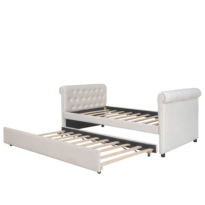 Upholstered Daybed With Trundle, Wood Slat Support