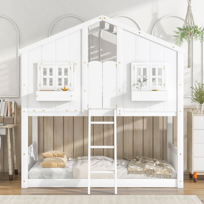 House Bunk Bed With Roof, Window, Window Box, Door, With Safety Guardrails And Ladder