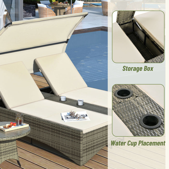 Patio Daybed Outdoor Daybed Sun Lounger With Shelter Roof With Adjustable Backrest, Storage Box And 2 Cup Holders For Patio, Balcony, Poolside