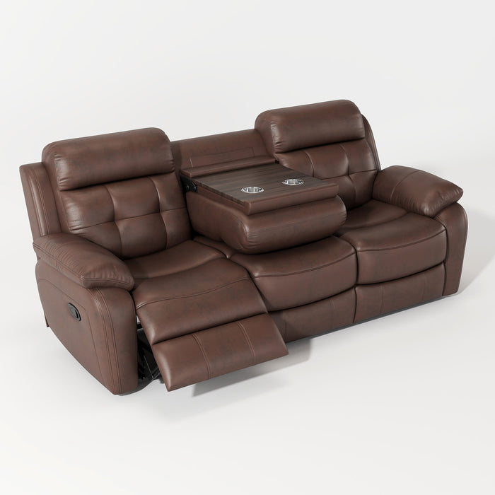 Genuine Leather Non-Power Reclining Sofa With Drop Down Table, Stainless Steel Cupholders And Magazine Bag