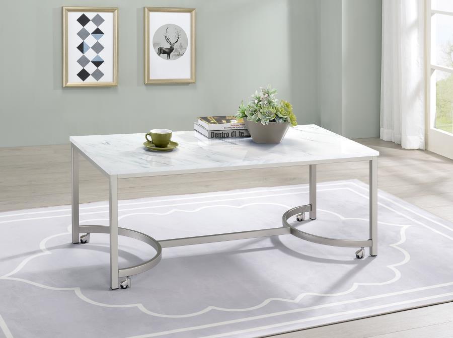 Leona - Coffee Table With Casters - White And Satin Nickel