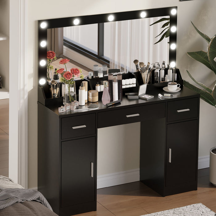 Vanity Desk With Large Mirror, 3 Colour Lighting Modes, Adjustable Brightness, Dresser With 3 Drawers & 2 Vertical Cabinets, Makeup Vanity Table For Women & Girls